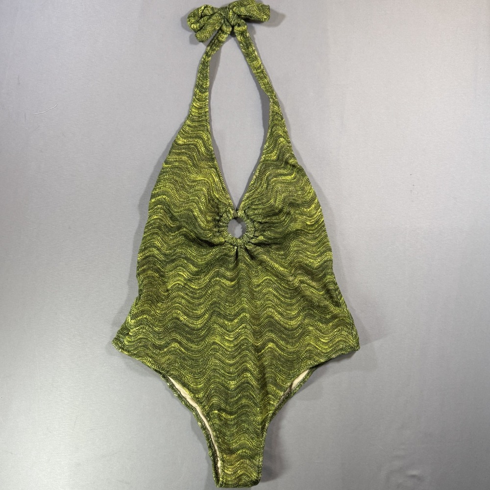 ZARA Womens Green Yellow Wavy Print O-Ring Halter One Piece Swimsuit Size M